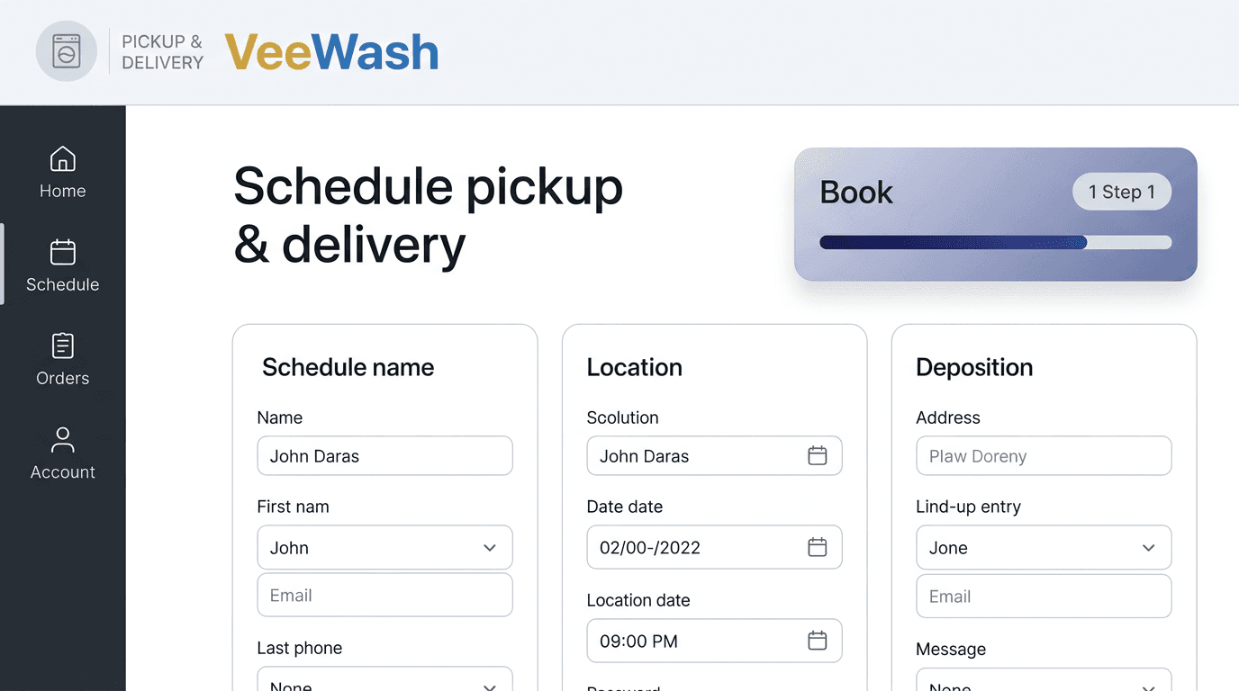 VeeWash app showing pickup window selection and delivery scheduling
